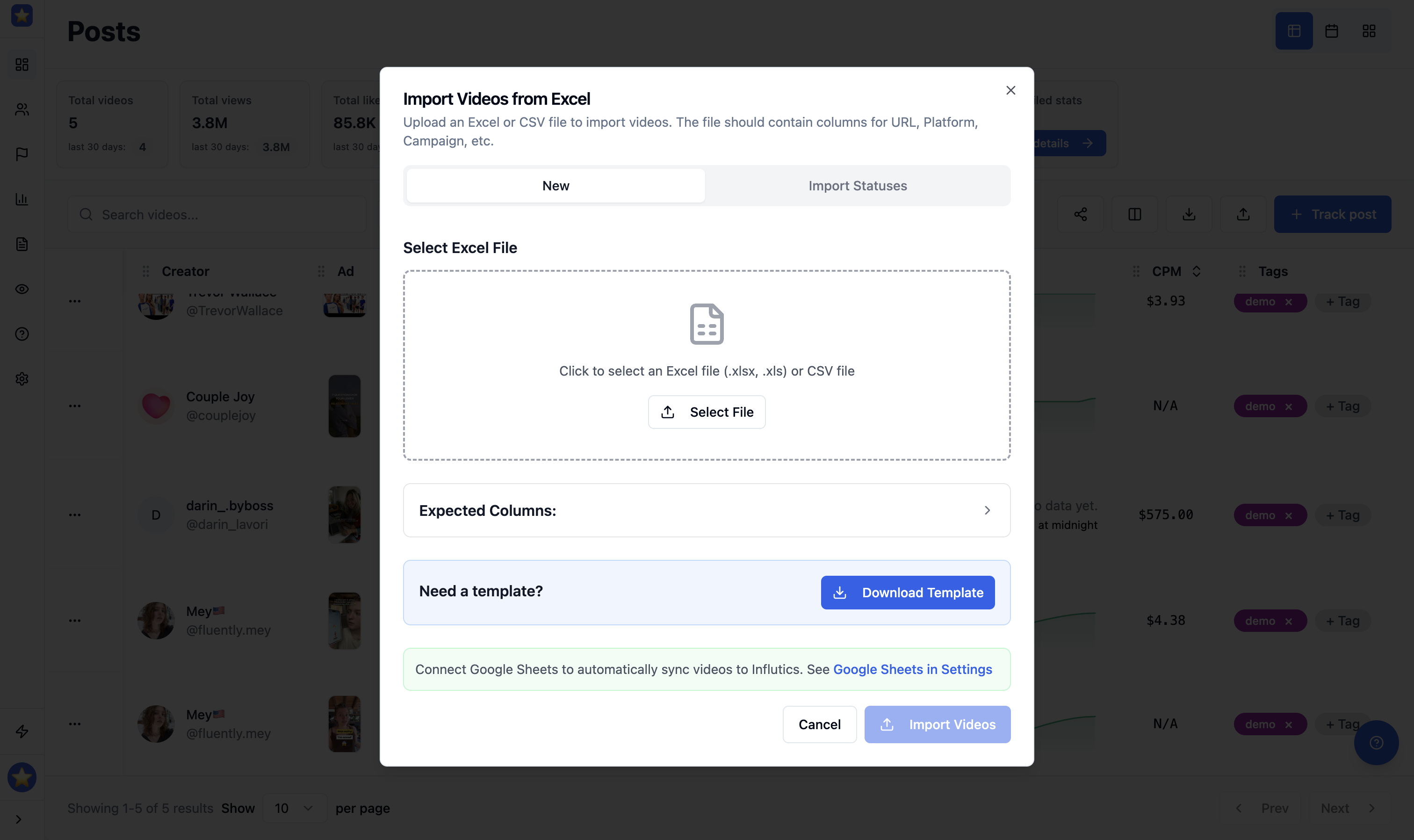 Export and import influencer data via CSV and Google Sheets