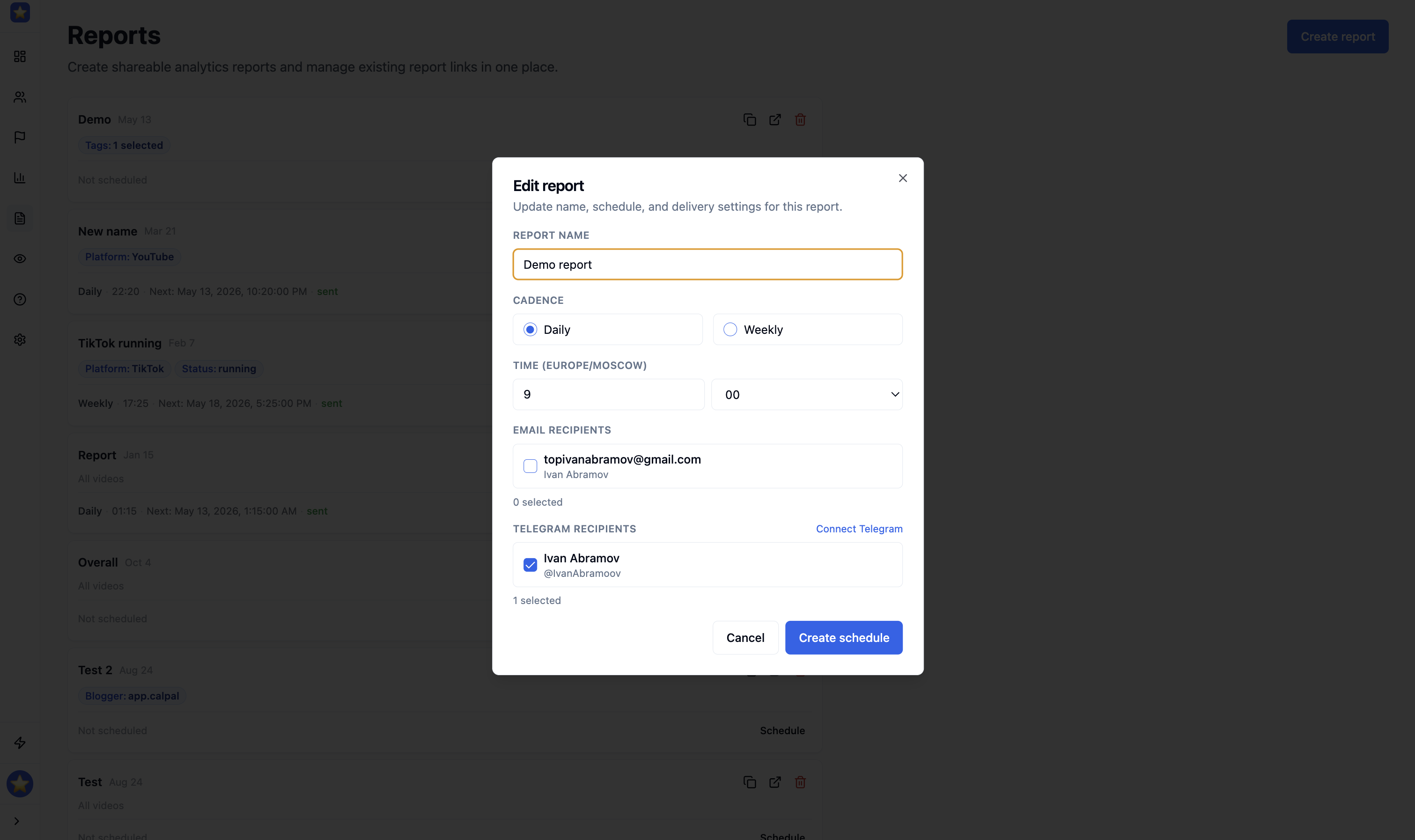 Schedule report sending to Telegram. All data is live