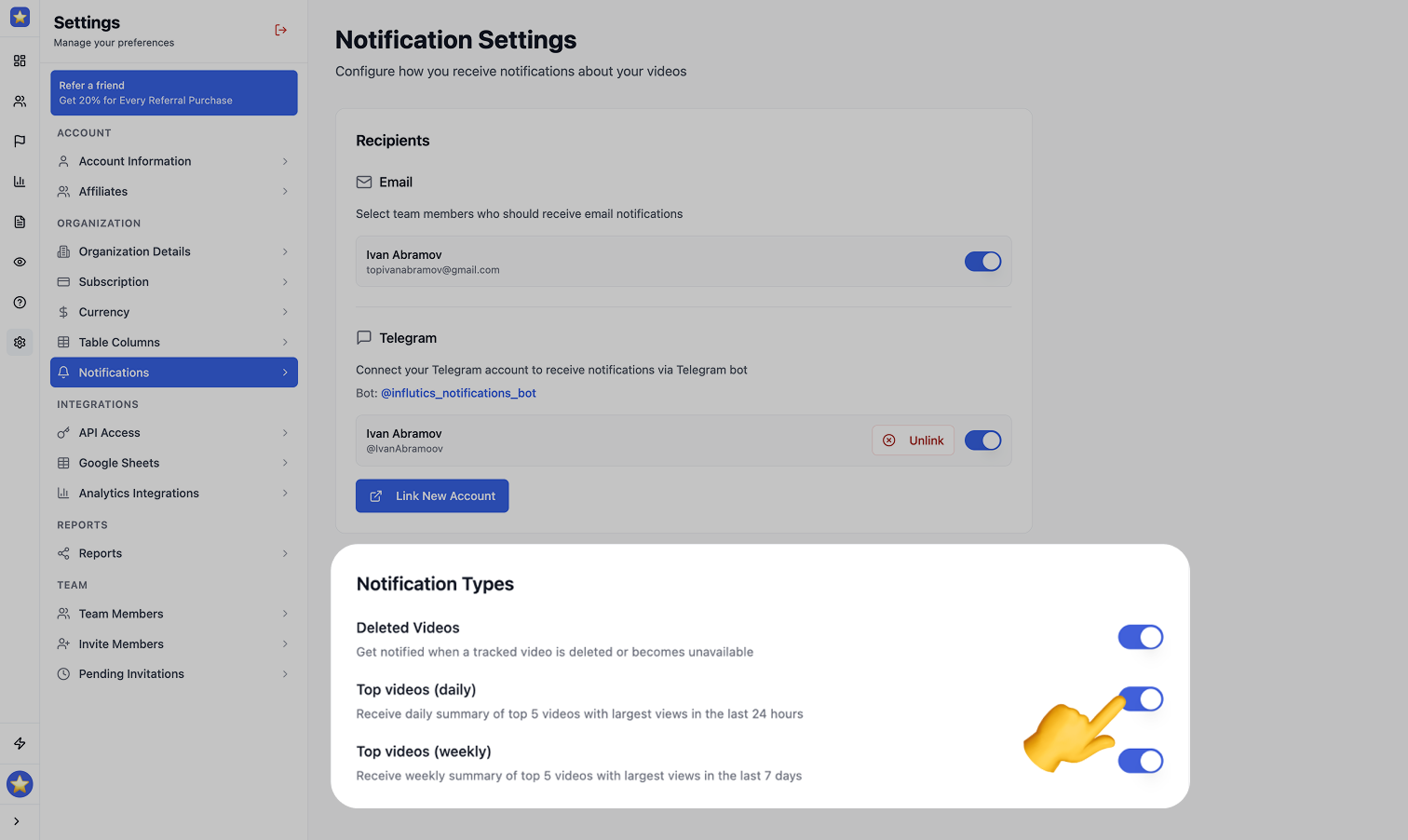 Top videos notifications